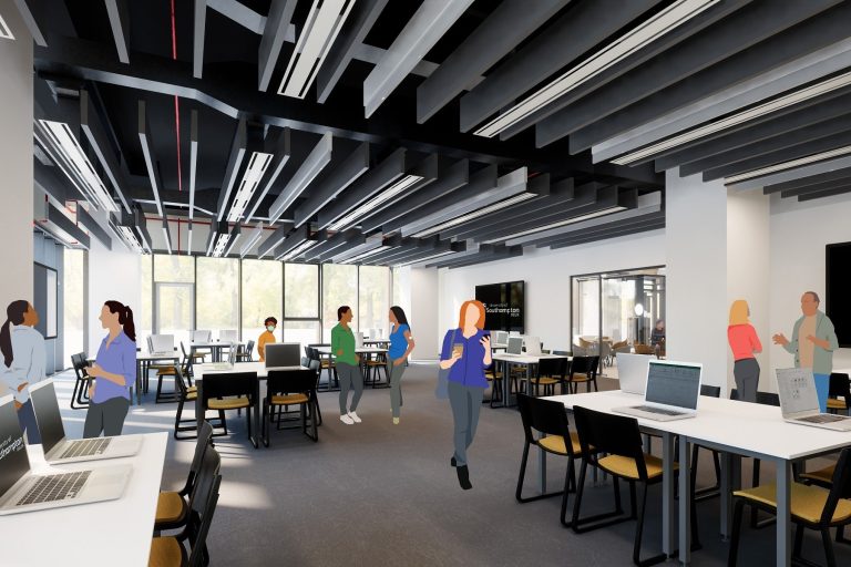 An airy and light learning space with modular tables and teaching aids