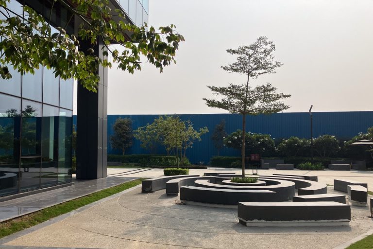 A calming outside area with communal block seating arranged in a circular design around a lone specimen tree